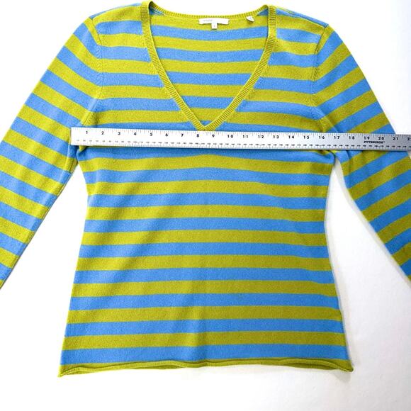 VINCE 100% Cashmere Sweater Womens Large Blue Green Striped V-Neck Luxury Knit - Picture 3 of 11